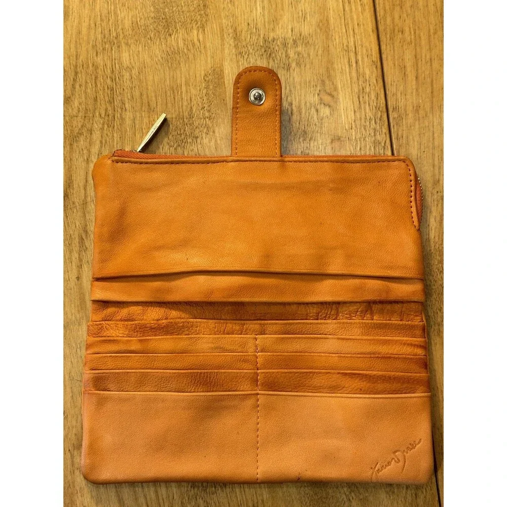 Junior Drake Distressed Orange Soft Leather Long Wallet Gold Hardware READ